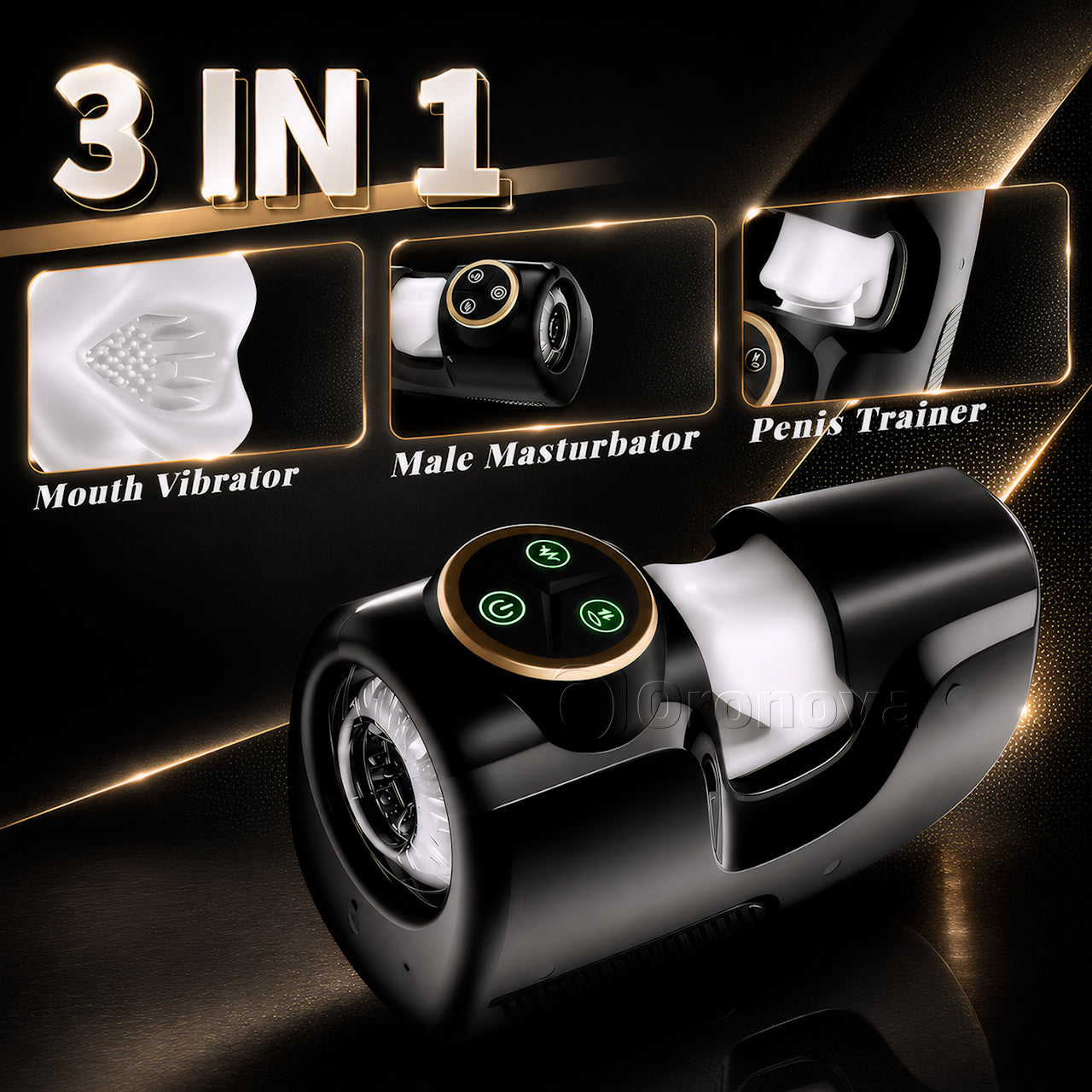 3-in-1 Male Pleasure Device，10Vibration、10Thrusting、10Clenching Modes、Switch Freely.