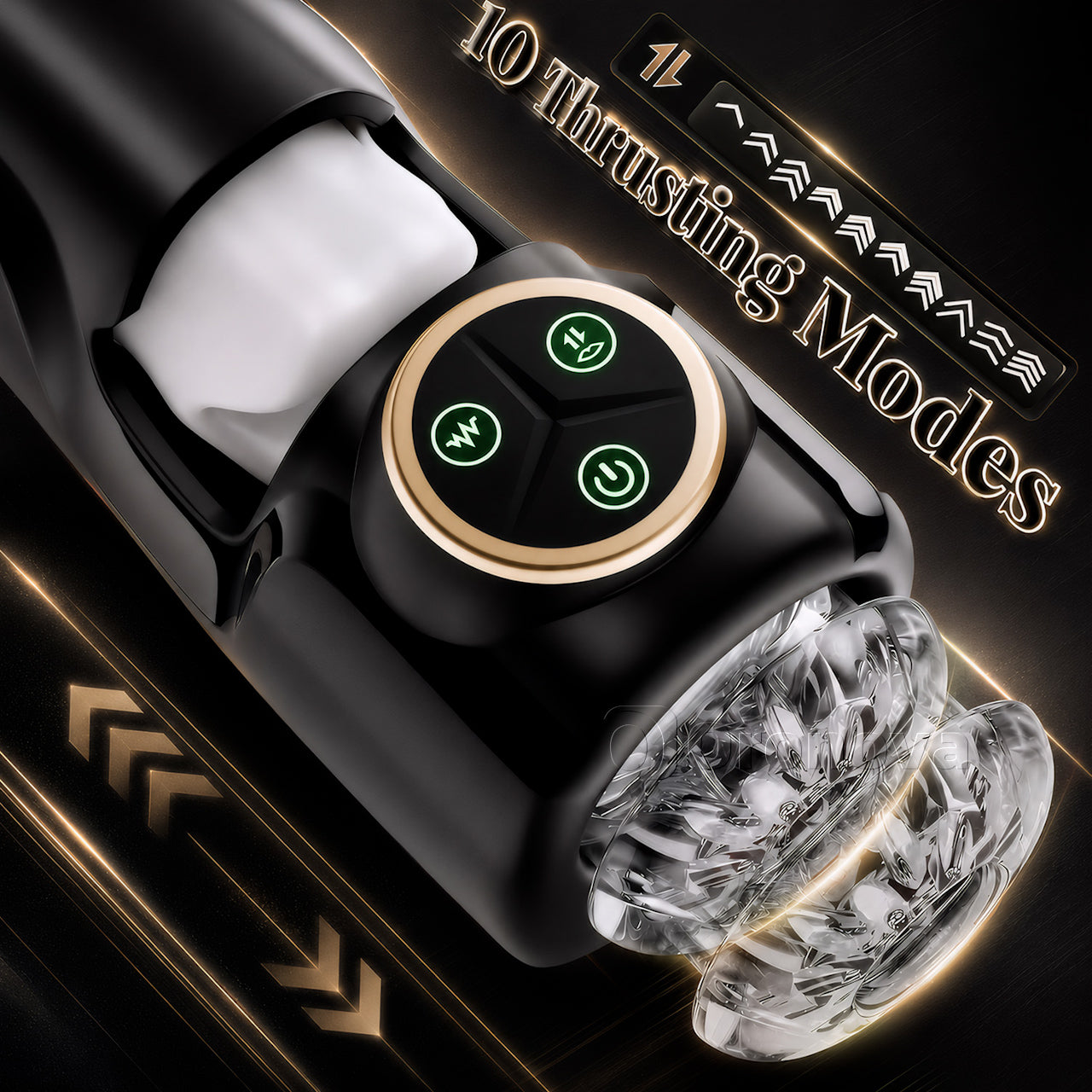 3-in-1 Male Pleasure Device，10Vibration、10Thrusting、10Clenching Modes、Switch Freely.