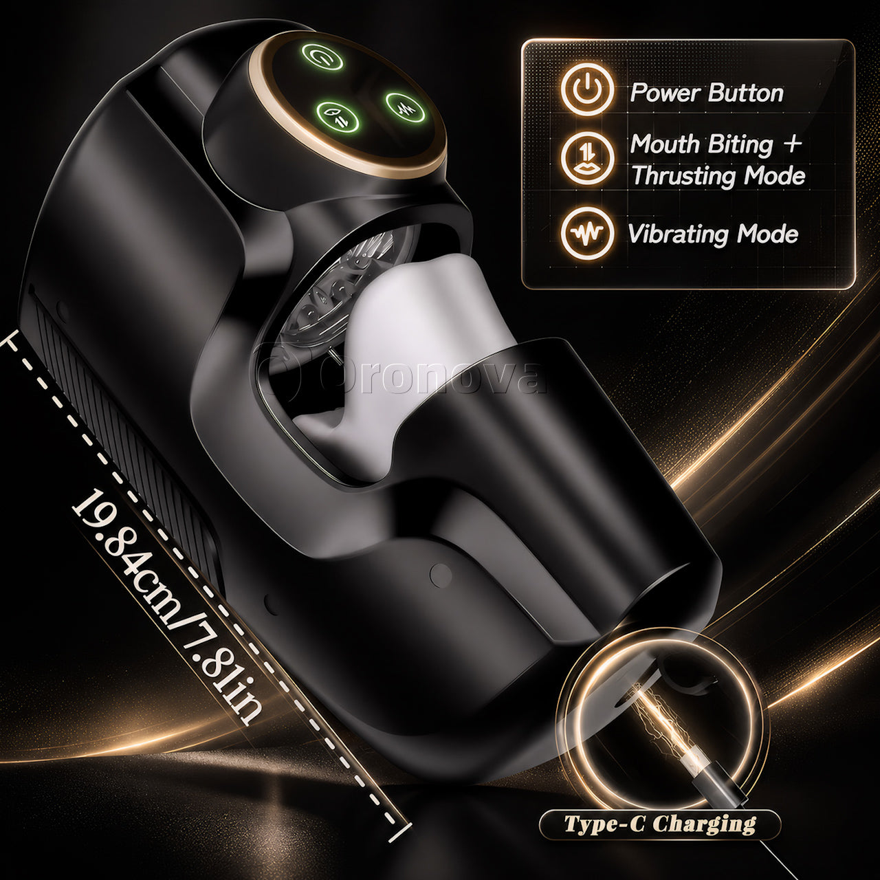 3-in-1 Male Pleasure Device，10Vibration、10Thrusting、10Clenching Modes、Switch Freely.